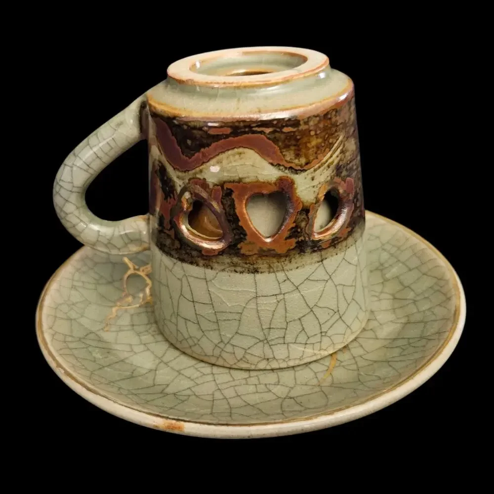 Vintage Japan Crackle Glaze Pierced Heart Pottery Cups Saucers Set of 2